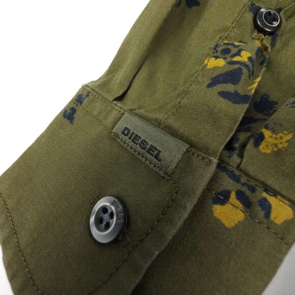 DIESEL Long Sleeve Button Down Shirt Olive Floral 90s Biker Grunge Old Money - Picture 6 of 10